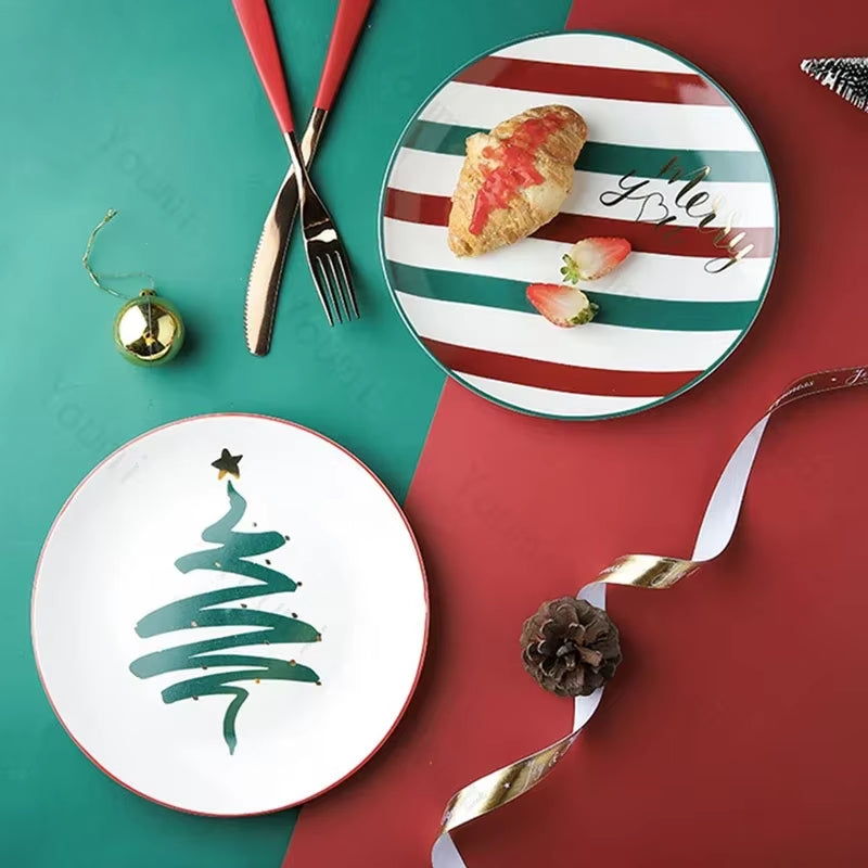 Golden Edged Christmas Ceramic Plate Luxury Hotel Restaurant Steak Plate Creative Afternoon Tea Dessert Bowl Exquisite Tableware